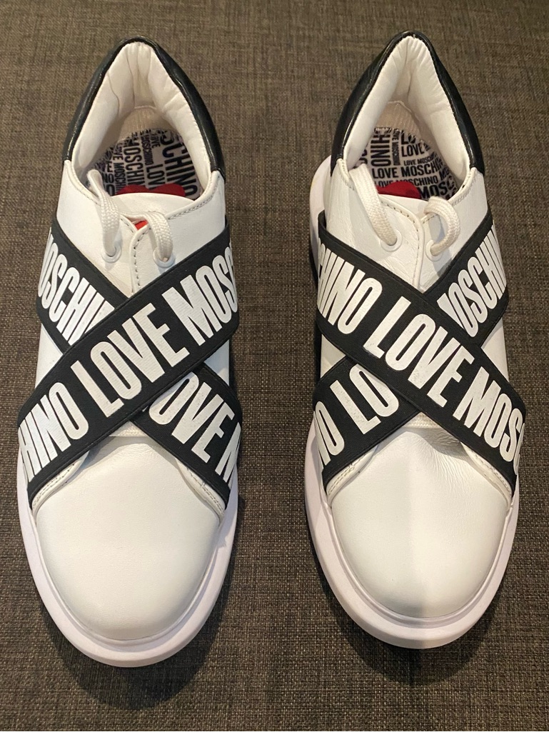 Love Moschino White And Black Logo Strap Sneakers Nwot Size 9 Italian Luxe.